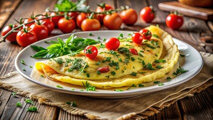 A Delectable Omelette Adorned with Fresh Herbs and Cherry Tomatoes, Resting on a Rustic Wooden Table