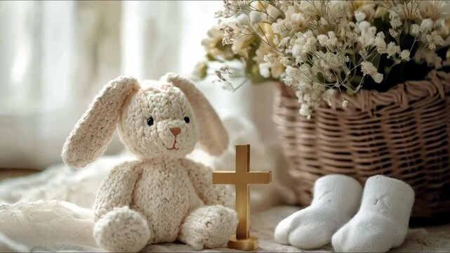 concept of baptism, children's things and a toy rabbit. Selective focus