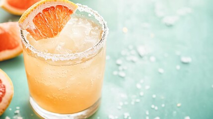 A classic Paloma cocktail with a salted rim, garnished with a grapefruit twist, isolated on a soft pastel green background with gold accents