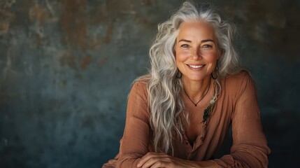 A joyful woman with flowing gray hair wearing a warm brown top, posing against a textured backdrop, radiating warmth, wisdom, and approachable beauty.