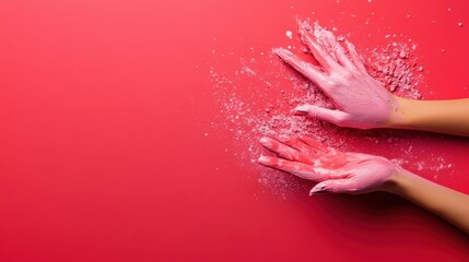 Two hands are smeared with thick pink paint on a similarly pink background, symbolizing playfulness and uninhibited expression, creating a vivid visual impact.