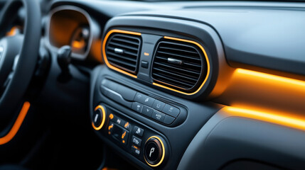 Close-up view of a car interior dashboard featuring illuminated air vents and modern climate control system with orange ambient lighting.