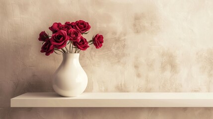 Red Roses in a White Vase on a Shelf Against a Beige Wall