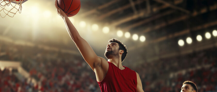 Athlete making a dynamic basketball layup in a stadium