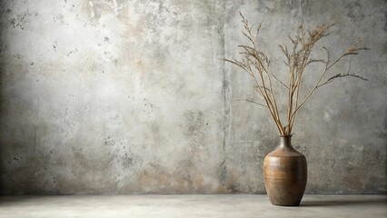 Fototapeta premium A simple ceramic vase with dried twigs stands against a textured concrete wall, creating a minimalist composition that evokes feelings of serenity and contemplation.