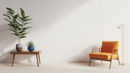 A serene living area with a modern chair, table, plants, and lamp against a bright wall.