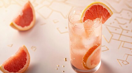 A refreshing Paloma with grapefruit and soda, placed on a light cream background with minimalist geometric gold patterns