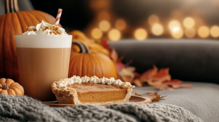 Cozy autumn scene with pumpkin pie and spiced latte