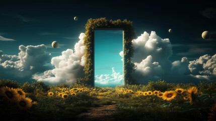 Enchanted doorway amidst a field of sunflowers