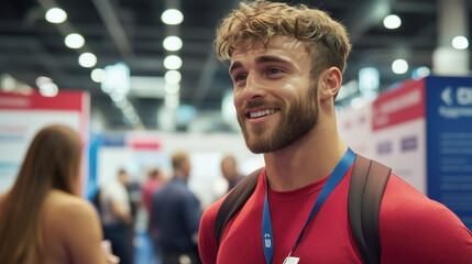 Engaging young man at a lively convention event