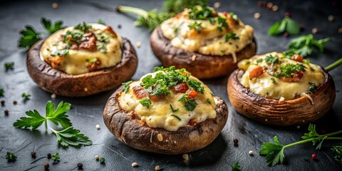 Stuffed Mushroom Caps with Creamy Filling, Topped with Bacon, Parsley, and Melted Cheese, Arranged on a Dark Stone Surface