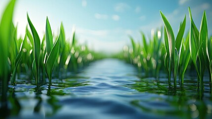 Lush green grass blades growing near a calm water body under a clear blue sky.