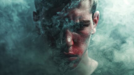 A man's face obscured by smoke, with red paint covering his cheek and lips