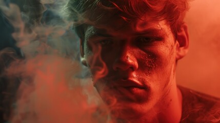A Close-Up Portrait of a Young Man with Smoke in Front of His Face