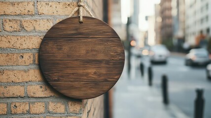 Fototapeta premium Vintage Circular Wooden Sign Mockup Hanging on Storefront Wall with a Bustling Street Scene in the Background