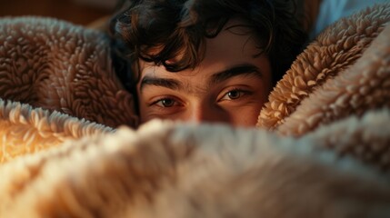 Close-up of a Young Man's Eye Peeking from Under a Fuzzy Blanket