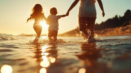 A joyful image capturing a family running hand-in-hand through shallow beach waters during sunset, ultimate expression of fun, togetherness, celebration, and freedom.