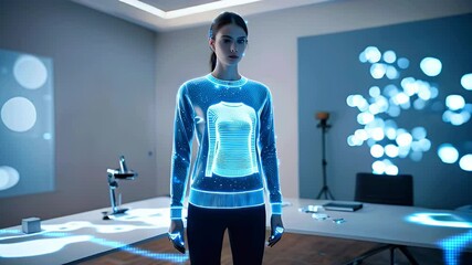 Woman wearing a blue digital sweater in a modern office with lights.