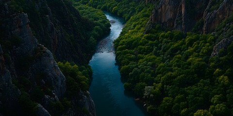 Obraz premium A winding river flows through a lush green canyon, with towering rock faces on either side.