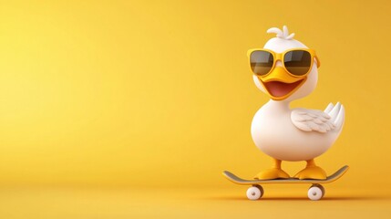 Obraz premium Cute cartoon duck skating on skateboard, isolated yellow background.