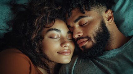 A serene couple is peacefully sleeping close together, expressing contentment and intimacy, while wrapped in a tranquil atmosphere surrounding them both.