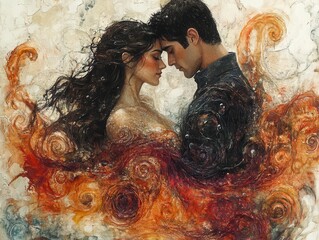 couple enveloped in each other's arms, elements of fire and water swirling around them, symbolizing passion and balance. their expressions are serene yet intense against a dramatic, elemental backdrop