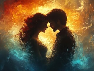 couple enveloped in each other's arms, elements of fire and water swirling around them, symbolizing passion and balance. their expressions are serene yet intense against a dramatic, elemental backdrop