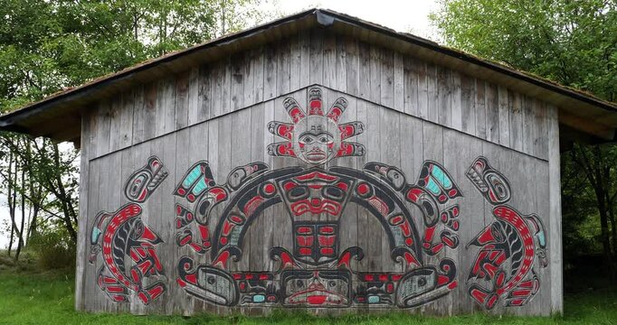 Native Alaskan clan houses at Potlatch Totem Park and Museum in Ketchikan, Alaska.