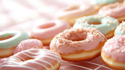 A delightful assortment of pastel-colored donuts is displayed on a cooling rack, featuring different textures and sprinkles for a visually appealing presentation.