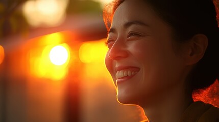 Radiant Smile at Sunset: Portrait of Joyful Woman in Evening Light