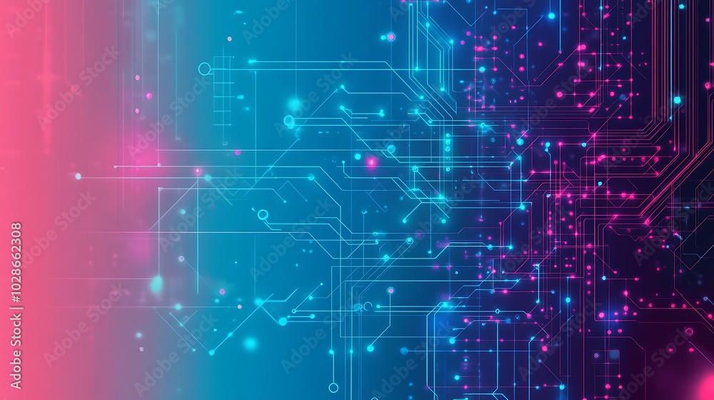 Poster abstract blue and pink circuit board with glowing lines and nodes.