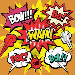 Comic book bubbles. Cartoon explosions funny comical speech clouds, comics words, thinking bubbles and graphic conversation text elements vector illustration set. Comic book emotional bubbles