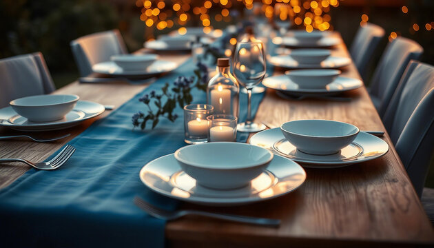 An elegantly arranged dining table featuring soft candlelight and classy tableware, creating an ambiance perfect for gatherings or special occasions. The warm lighting enhances the intimate setting.

