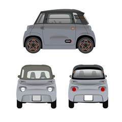 Véhicule urbain électrique, de couleur grise, de face, dos, profil