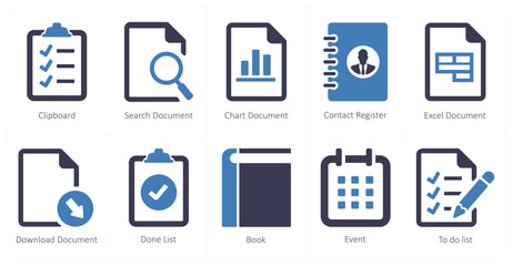 A set of 10 ui icons as clipboard, search document, chart document