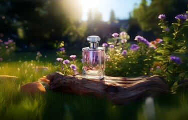 A clear glass bottle of perfume sits on a weathered tree trunk, surrounded by a bed of green grass and purple flowers. The sun shines through the trees in the background.
