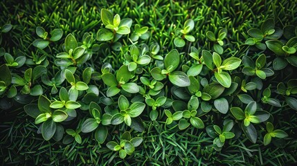 Fototapeta premium Lush green foliage creating a vibrant and harmonious garden landscape in early morning light. Generative AI