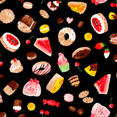 Seamless pattern of delicious sweets drawn by hand,