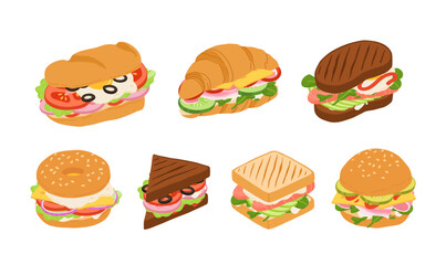Sandwiches with Various Ingredients. Vector cartoon illustration of sub, sandwich, bagel, toast and burger with meat, cheese and vegetables.