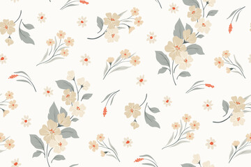 Seamless floral pattern, romantic ditsy print, abstract pattern in delicate pastel colors. Cute botanical design: small hand drawn flowers, tiny twigs, leaves on white. Vector illustration.