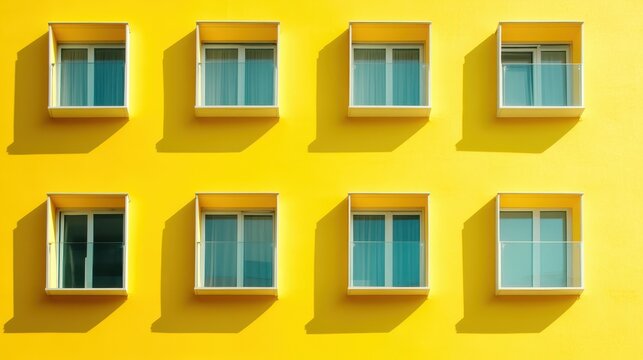 A bright yellow building wall with eight uniform windows, evenly distributed, offers a visually appealing and balanced architectural aesthetic in urban design.
