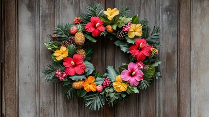 Fototapeta premium A Christmas wreath crafted from tropical plants, bright flowers and fruits, hanging on wooden door