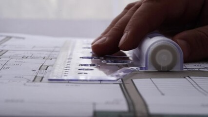 The designer draws with a compass and ruler on the drawing - Powered by Adobe