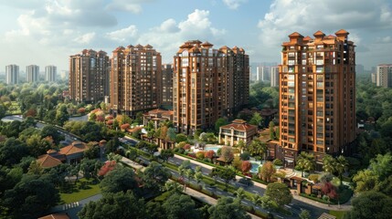 Obraz premium Luxurious urban landscape featuring modern residential towers amidst lush greenery in a vibrant city setting. Generative AI