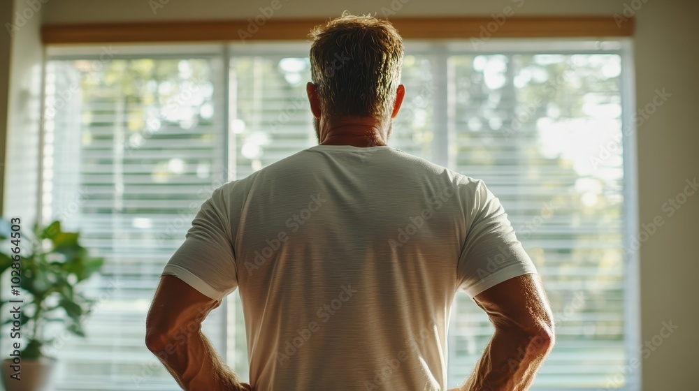 Wall mural a man in casual attire gazes out the window, hands on his hips, conveying contemplation and strength