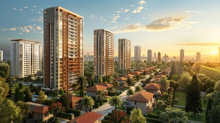 Obraz premium Modern residential development in a vibrant city at sunset showcases a blend of urban and suburban living. Generative AI