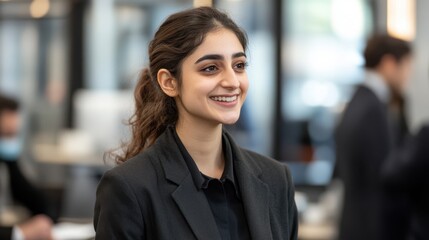 Obraz premium Confident Young Businesswoman Smiling in Office Environment