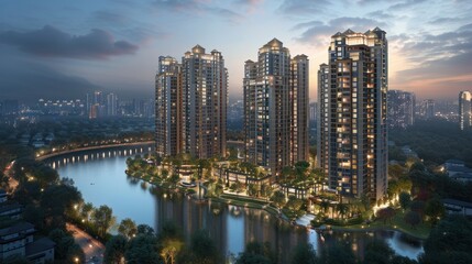Obraz premium Modern urban skyline illuminated at dusk near serene waterfront with greenery and luxurious apartments. Generative AI