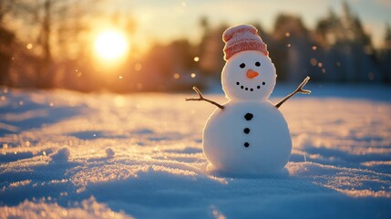 Obraz premium A sad snowman standing in a snowy meadow, his stick arms reaching out as his body begins to melt under a pale winter sun 