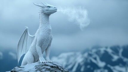 A snow dragon with shimmering, icy scales and wings made of frost, standing proudly on a mountain peak, exhaling a cloud of mist into the cold air 